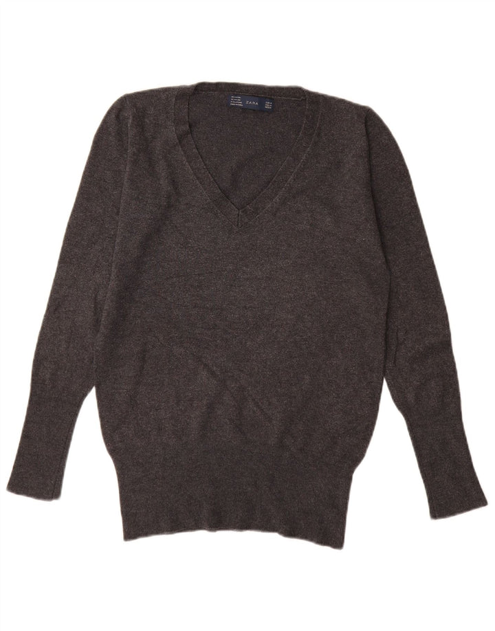 Sweter damski Zara z dekoltem w kształcie litery V, UK 12, średnioszary, sztuczny jedwab