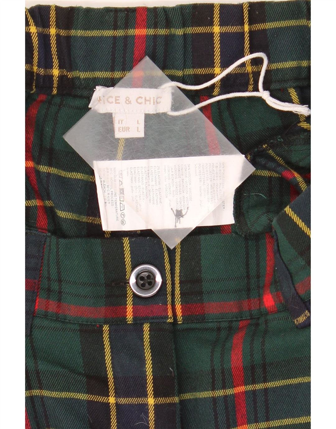 Ładne i eleganckie damskie spodenki chino, duże W32, poliester w zieloną kratkę