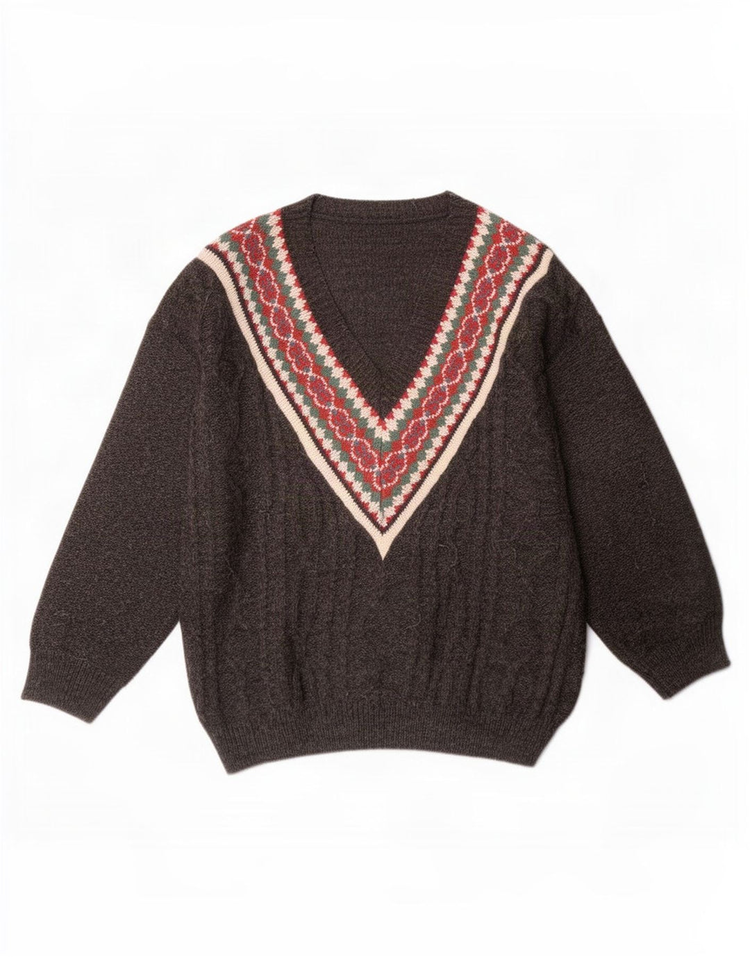 Męski sweter w stylu vintage z dekoltem w szpic, duży, szary, geometryczny akryl
