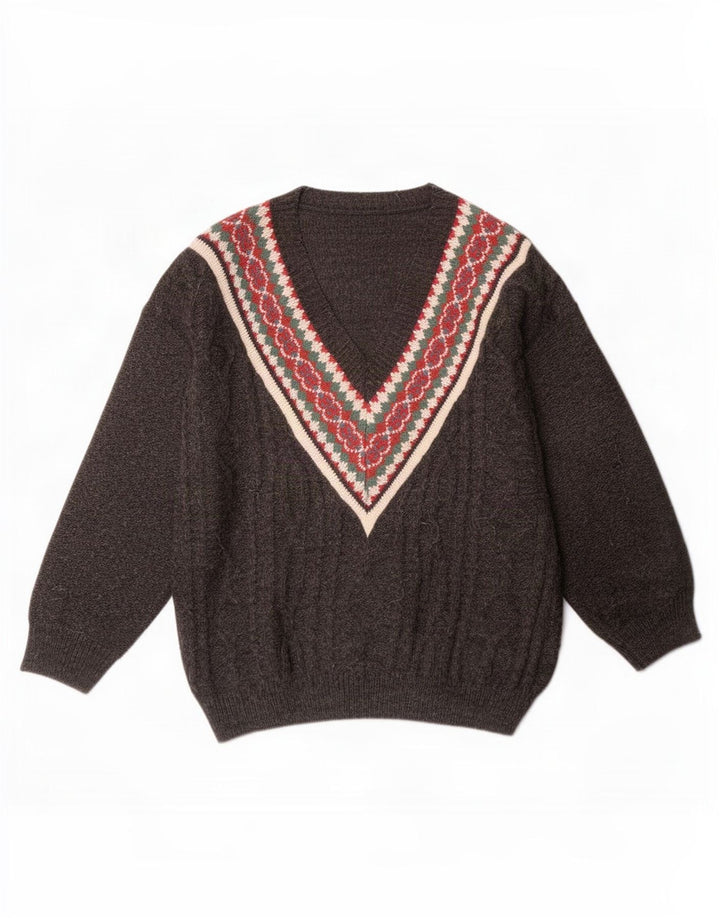 Męski sweter w stylu vintage z dekoltem w szpic, duży, szary, geometryczny akryl