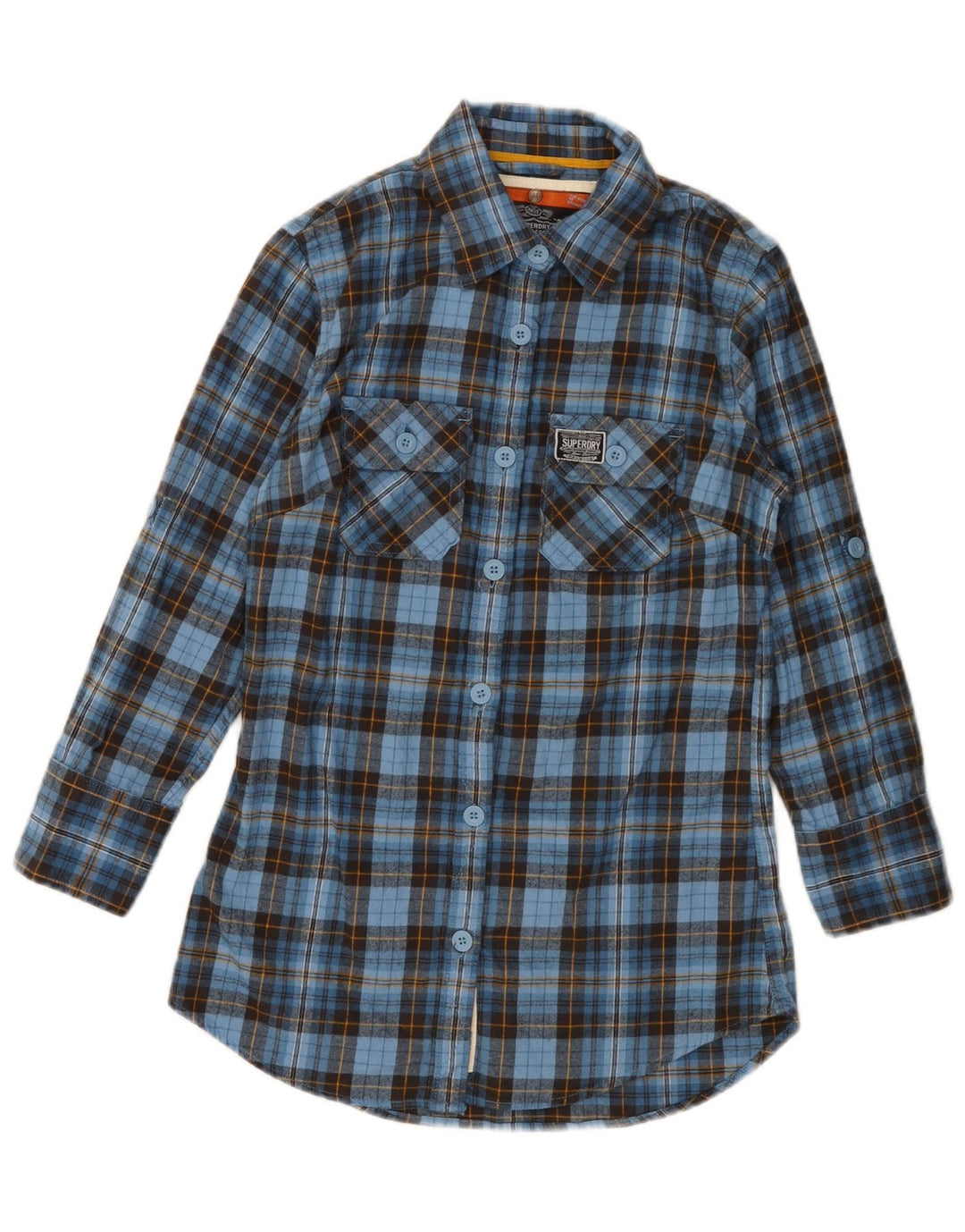 SUPERDRY Damska koszula flanelowa z rękawem 3/4, UK 10, mała, niebieska kratka, bawełniana