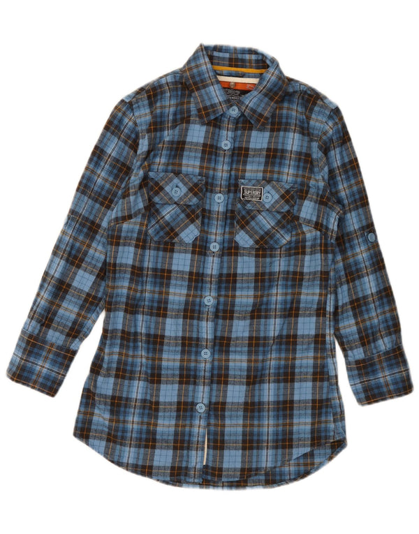 SUPERDRY Damska koszula flanelowa z rękawem 3/4, UK 10, mała, niebieska kratka, bawełniana
