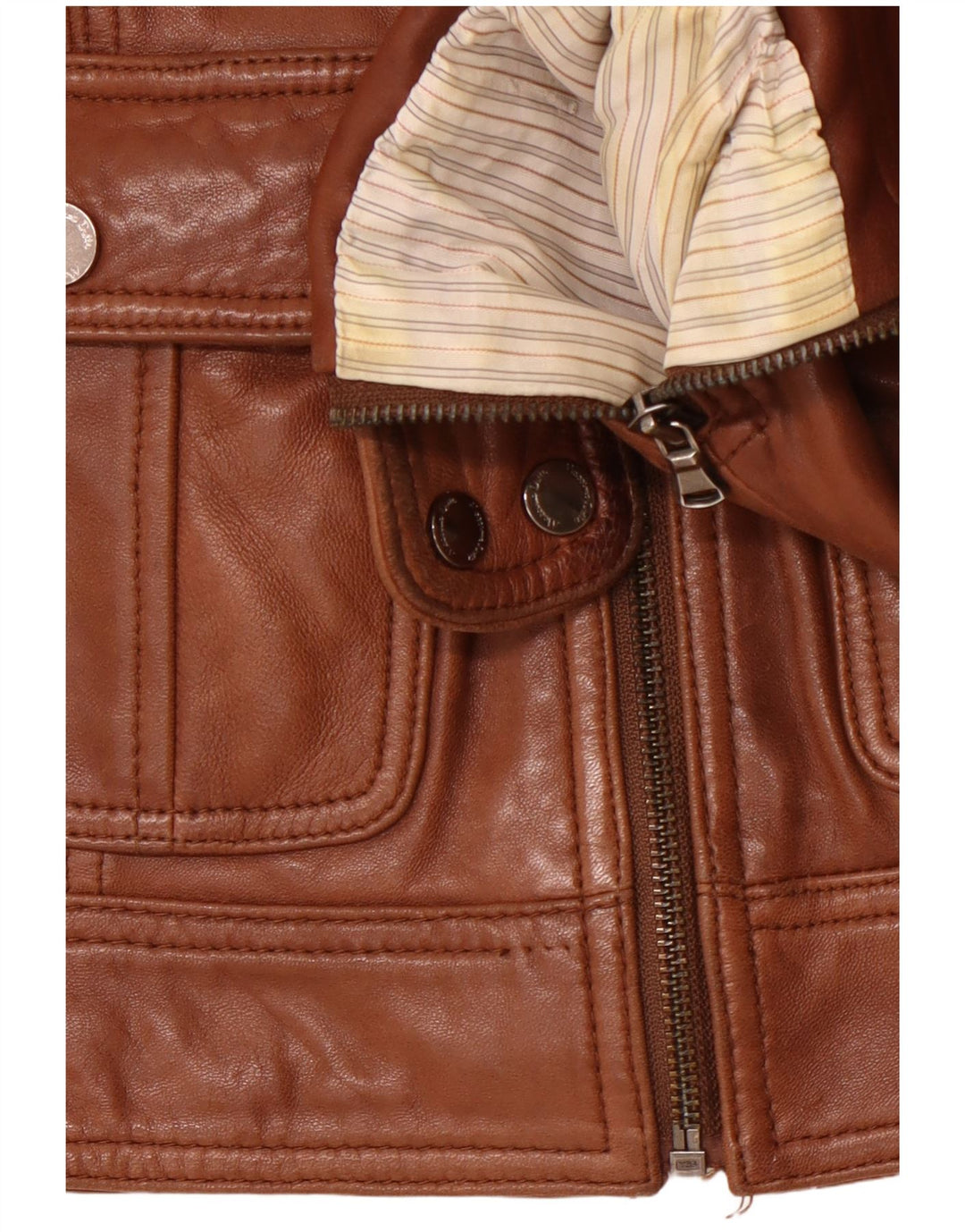 MASSIMO DUTTI Damska kurtka skórzana typu Crop UK 10, mała, brązowa skóra owcza