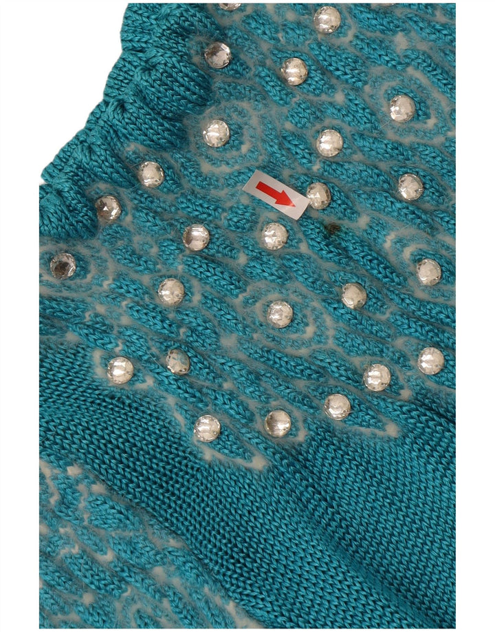 Vintage damski sweter z abstrakcyjnym wzorem i okrągłym dekoltem UK 14, duży niebieski