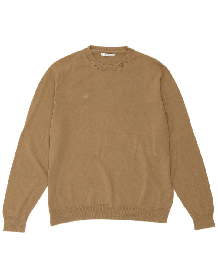 Męski sweter z okrągłym dekoltem Zara XL, beżowy, lniany