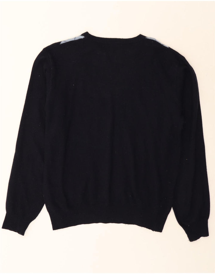 Męski sweter z wycięciem pod szyją Brugi, duży, granatowy, argyle/diamentowa wełna