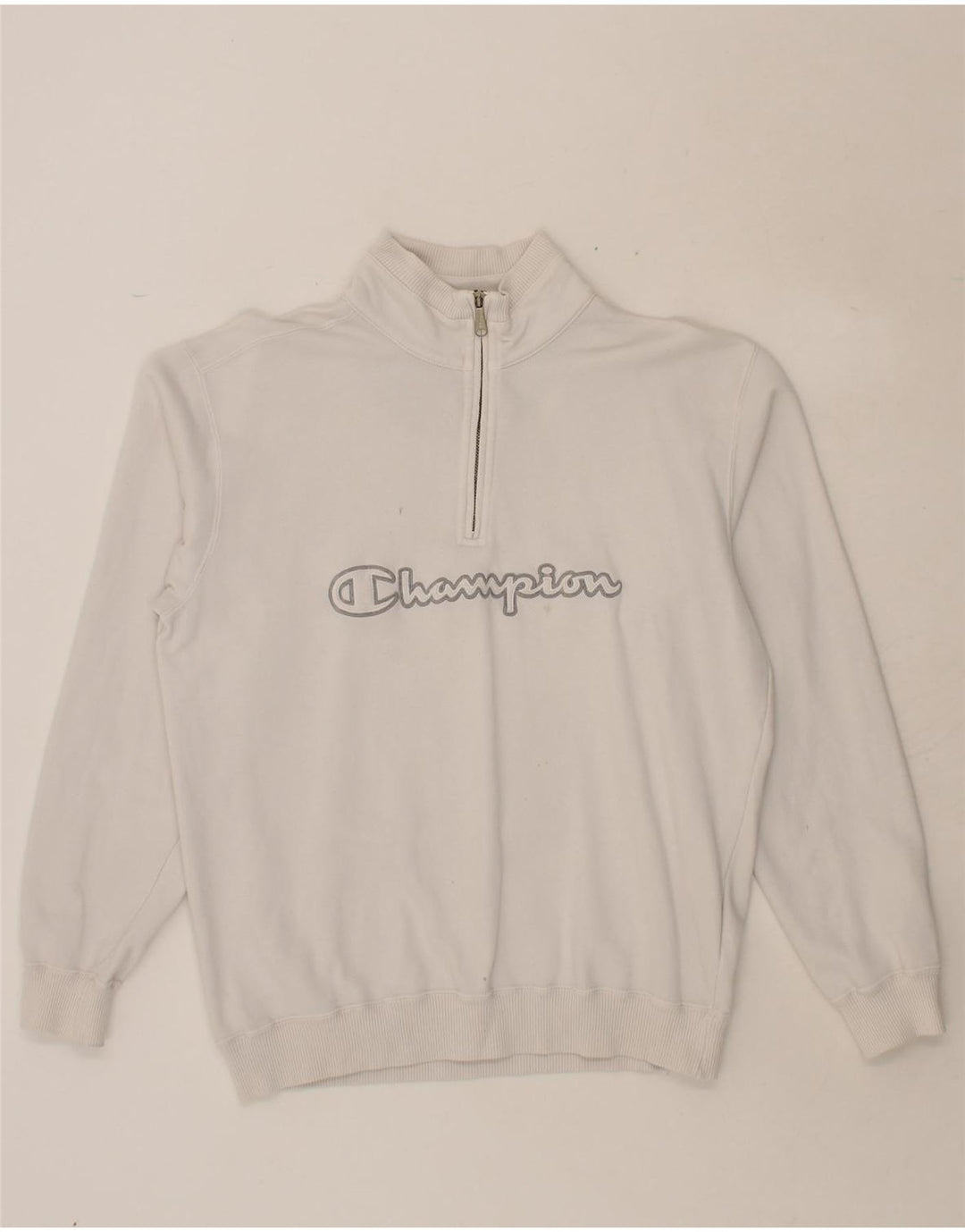 CHAMPION Mens Graphic Zip Neck Sweatshirt Jumper Large White Cotton Vintage Champion and Second-Hand Champion from Messina Hembry 