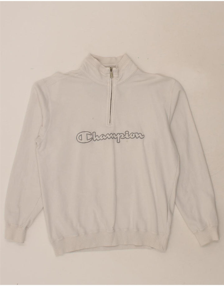 CHAMPION Mens Graphic Zip Neck Sweatshirt Jumper Large White Cotton Vintage Champion and Second-Hand Champion from Messina Hembry 