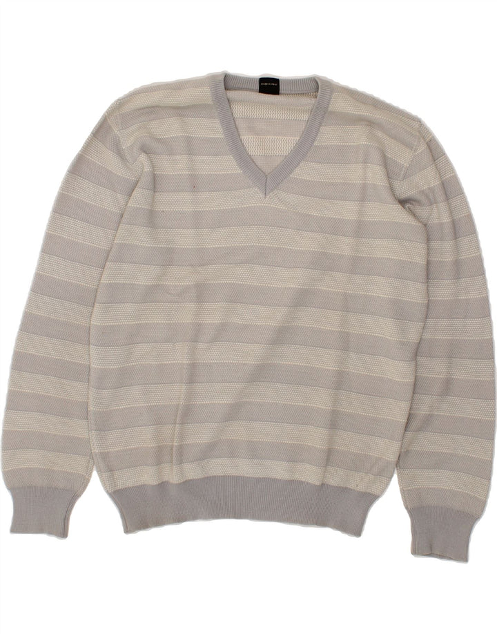 MAPIER Mens V-Neck Jumper Sweater XL Grey Striped Vintage Mapier and Second-Hand Mapier from Messina Hembry 