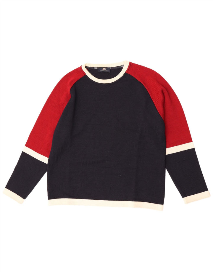 Vintage męski sweter z okrągłym dekoltem, mały, granatowy, wełniany blok kolorów