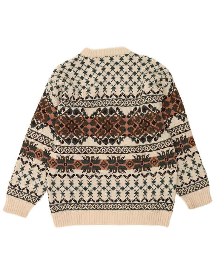 Vintage męski sweter z okrągłym dekoltem IT 50 średni biały Fair Isle Wool