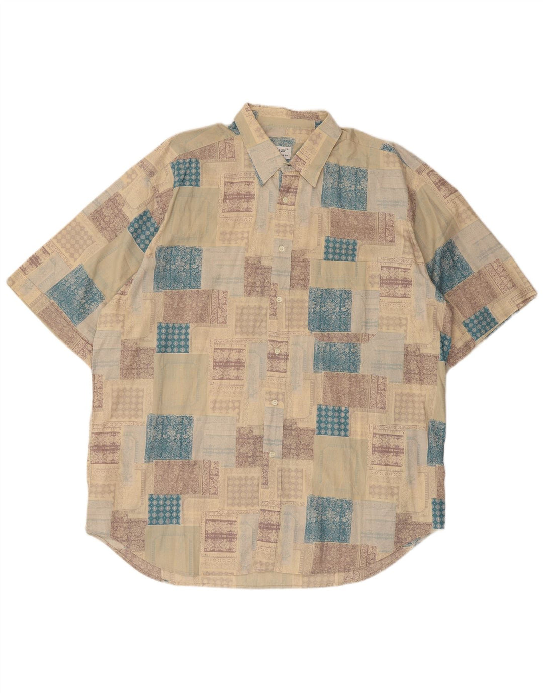 Vintage męska koszula z krótkim rękawem XL, beżowy patchwork