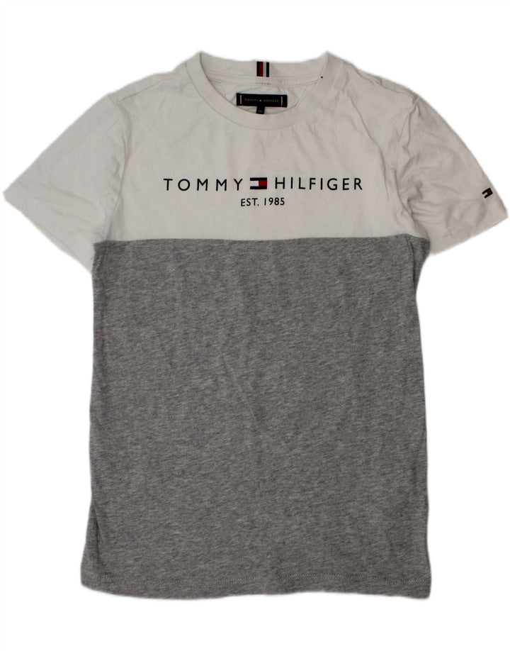TOMMY HILFIGER Chłopięcy T-shirt z grafiką, 9-10 lat, szara, bawełniana w bloki kolorów