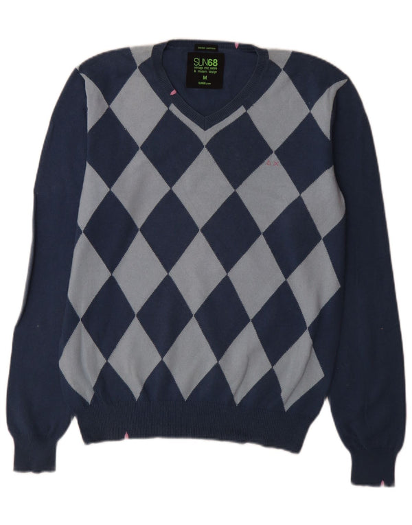 Męski sweter Sun68 z dekoltem w kształcie litery V, średnioniebieski, argyle/diamentowa bawełna