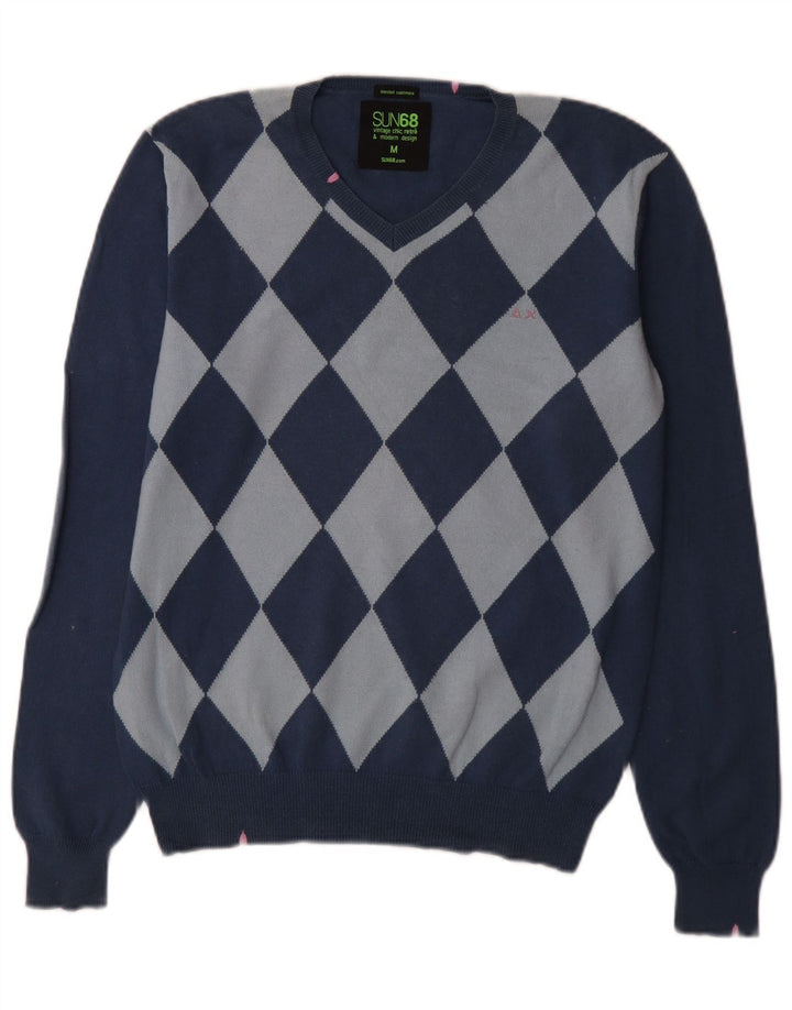 Męski sweter Sun68 z dekoltem w kształcie litery V, średnioniebieski, argyle/diamentowa bawełna