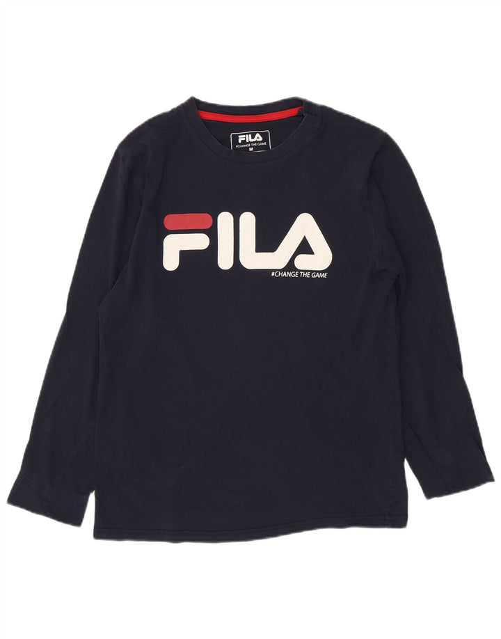 FILA Womens Graphic Top Long Sleeve UK 14 Medium Navy Blue Cotton