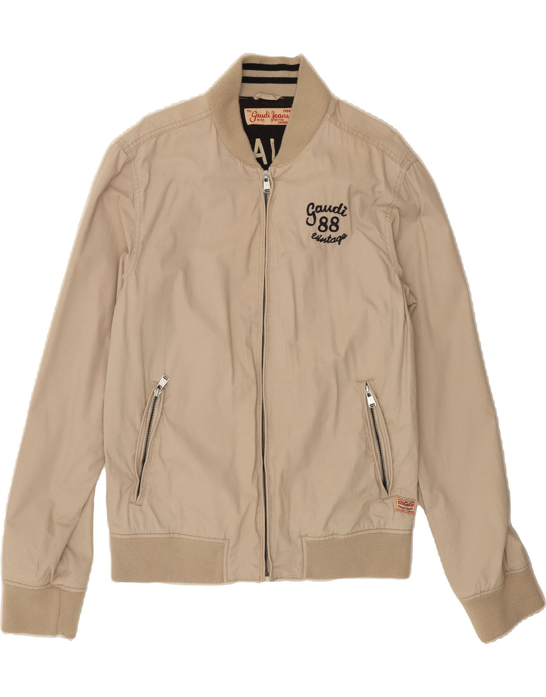 GAUDI Mens Graphic Bomber Jacket UK 42 XL Beige Cotton Vintage Gaudi and Second-Hand Gaudi from Messina Hembry 