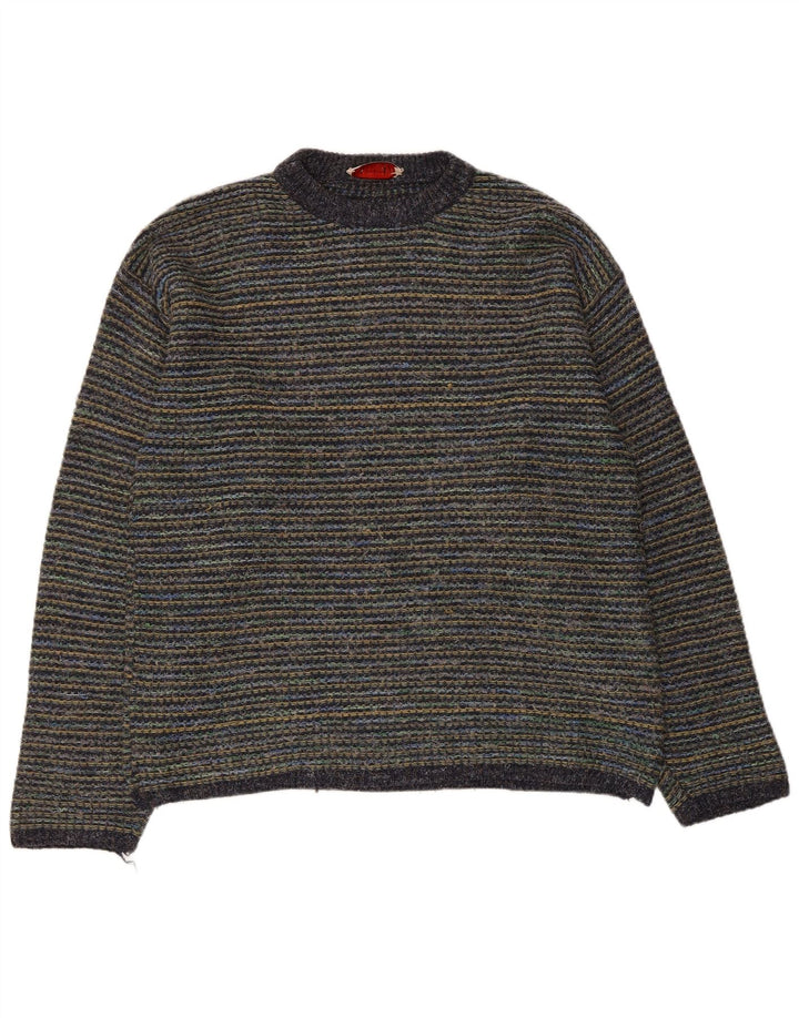Vintage męski sweter z wycięciem pod szyją, duży, wielobarwny, wełniany prążki