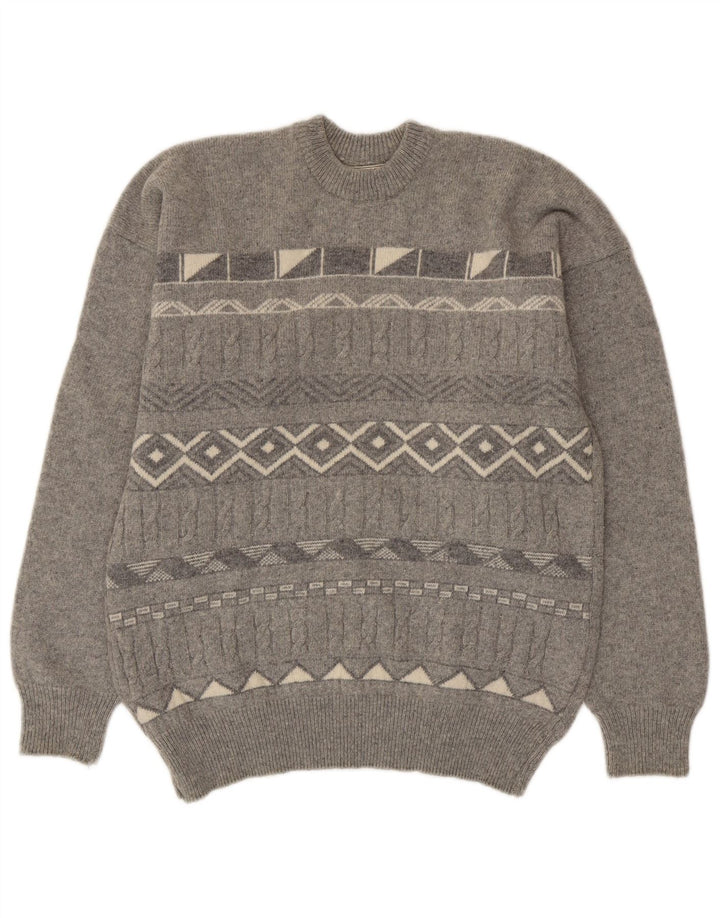 Vintage męski sweter z okrągłym dekoltem, średnio szary, geometryczny
