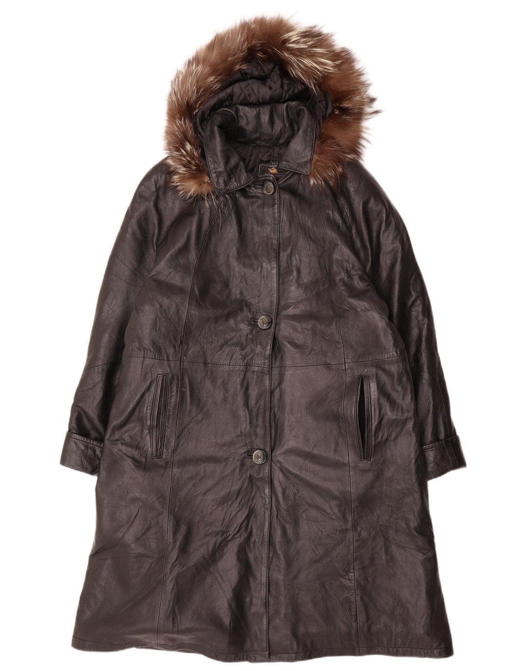 VINTAGE damski płaszcz skórzany z kapturem, oversize, UK 14, średnia czarna skóra