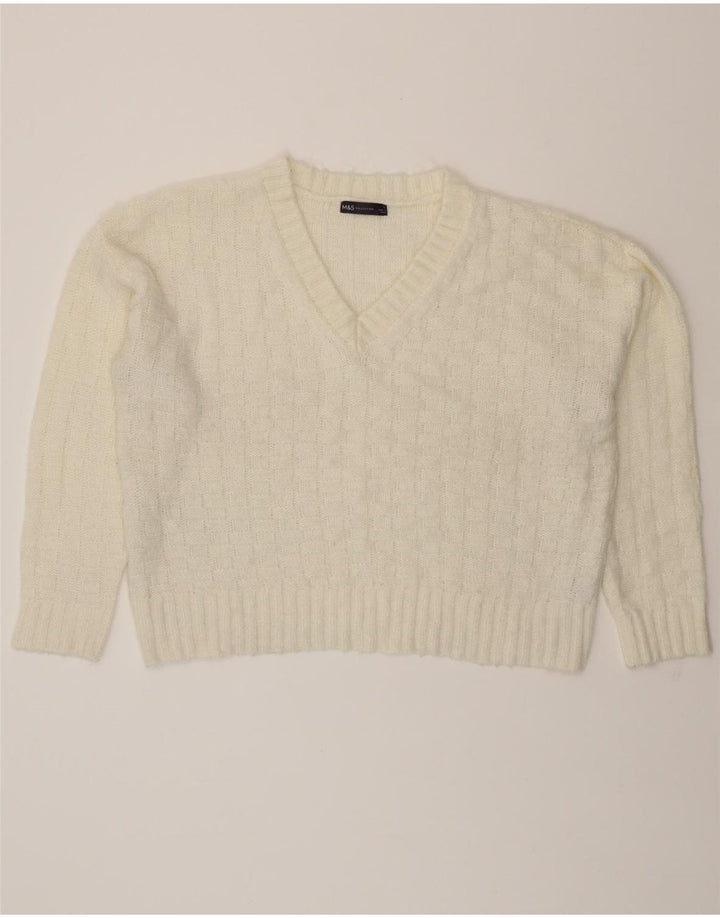MARKS & SPENCER Womens Oversized V-Neck Jumper Sweater UK 16 Large White Vintage Marks & Spencer and Second-Hand Marks & Spencer from Messina Hembry 