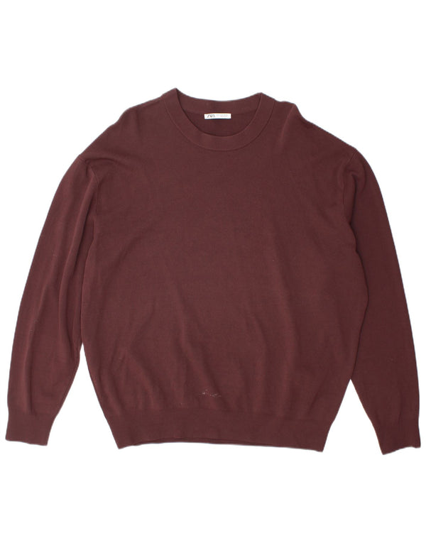 Męski sweter z okrągłym dekoltem Zara XL Burgundowa wiskoza