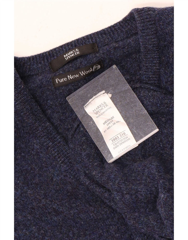 Marks & Spencer Męski sweter z dekoltem w kształcie litery V, średni granatowy, wełniany nakrapiany