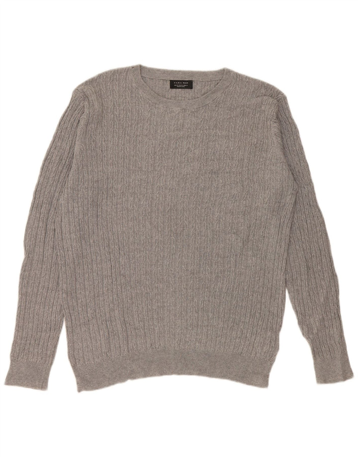 Męski sweter z okrągłym dekoltem Zara XL, szara bawełna