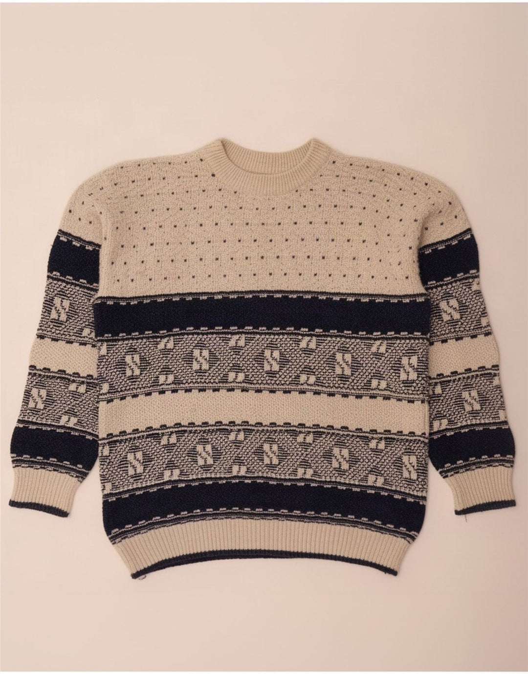 Vintage męski sweter z okrągłym dekoltem, duży, beżowy, geometryczny