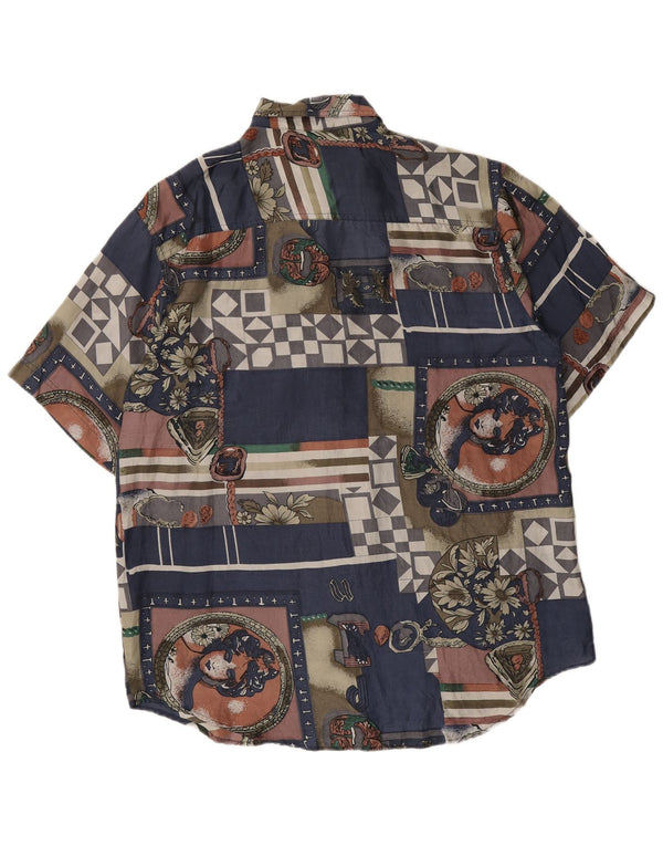 Koszula męska z krótkim rękawem w stylu vintage, abstrakcyjny wzór, średni granatowy jedwab