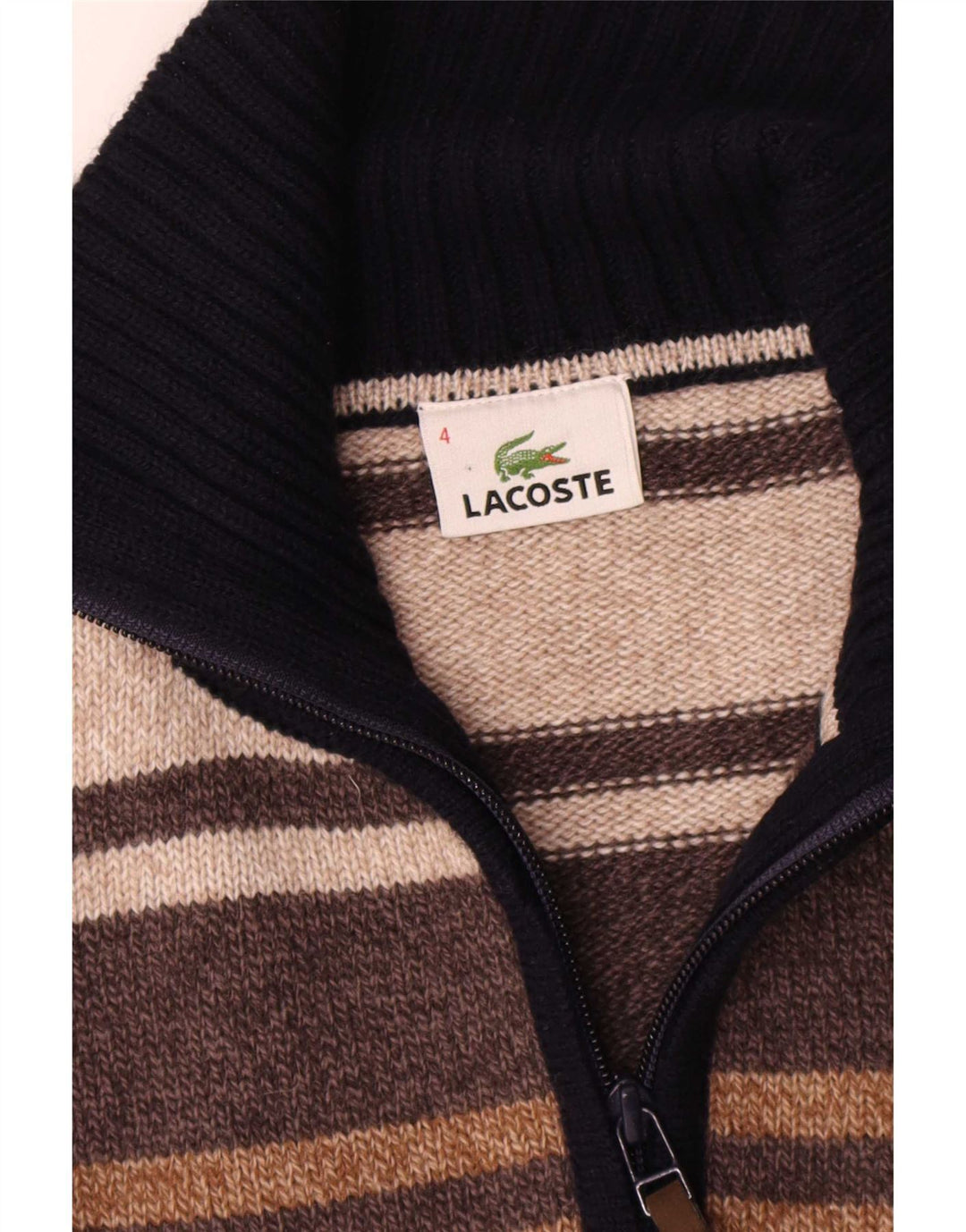 Lacoste Męski sweter rozpinany na zamek, rozmiar 4, wełniany w średnie brązowe paski