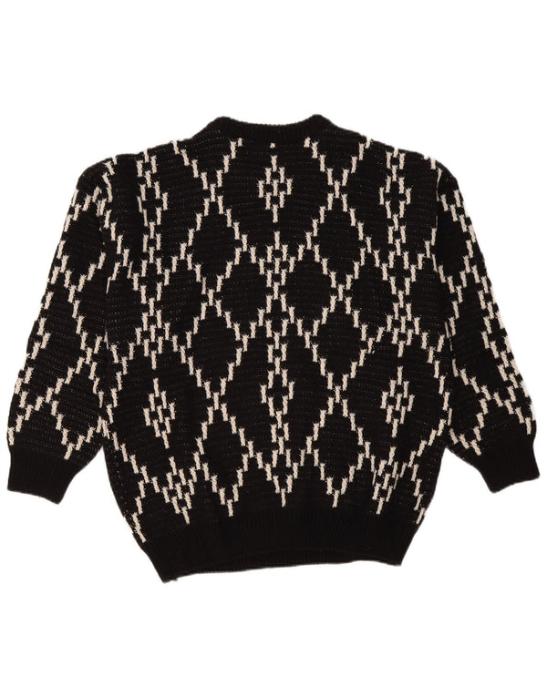 Vintage męski sweter z okrągłym dekoltem XL, czarna tkanina argyle/diamentowa wełna