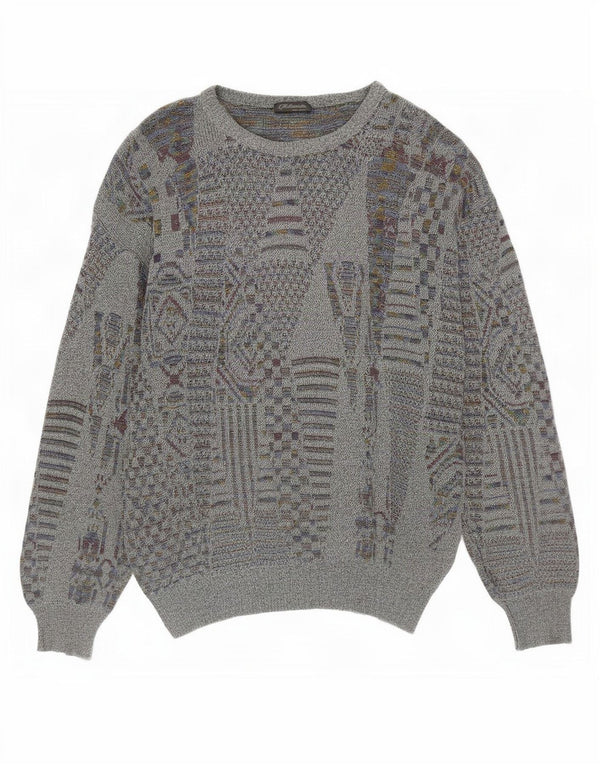Vintage męski sweter z okrągłym dekoltem, mały szary geometryczny
