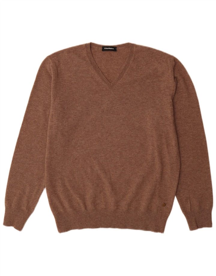Męski sweter Burlington z dekoltem w kształcie litery V, duży, brązowy, z dziewiczej wełny