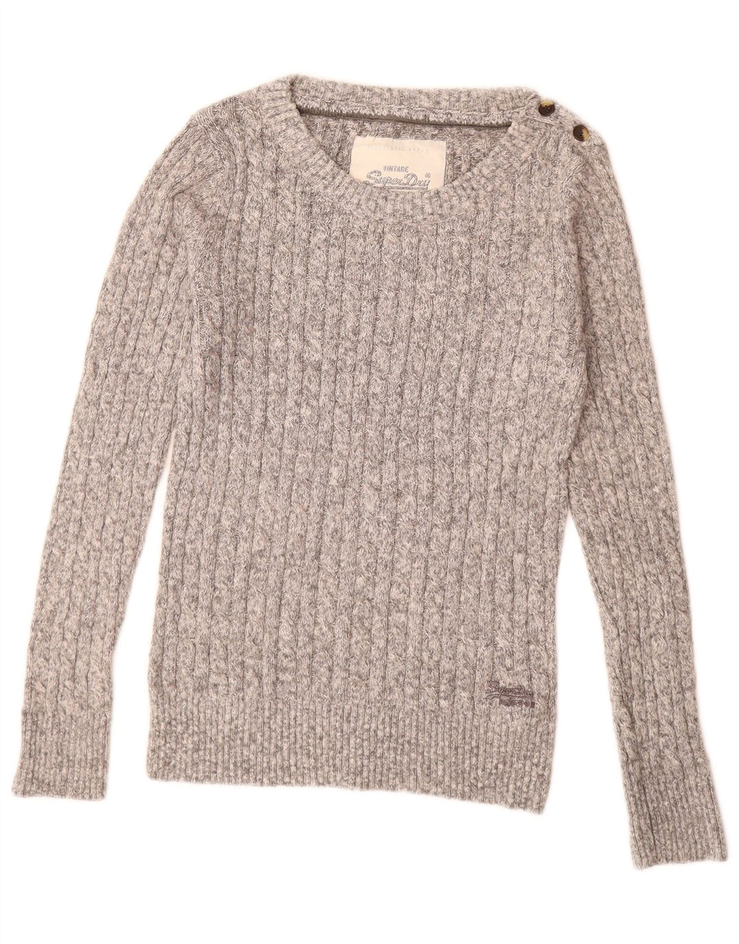 SUPERDRY Damski sweter z dekoltem w łódkę UK 14, duży, szary, bawełniany w plamki