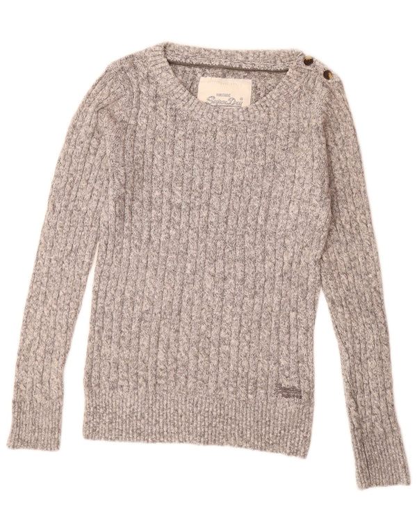 SUPERDRY Damski sweter z dekoltem w łódkę UK 14, duży, szary, bawełniany w plamki