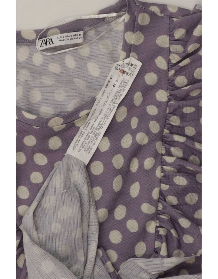 Damska sukienka maxi z falbaną z przodu, oversize, Zara UK 10, małe fioletowe kropki