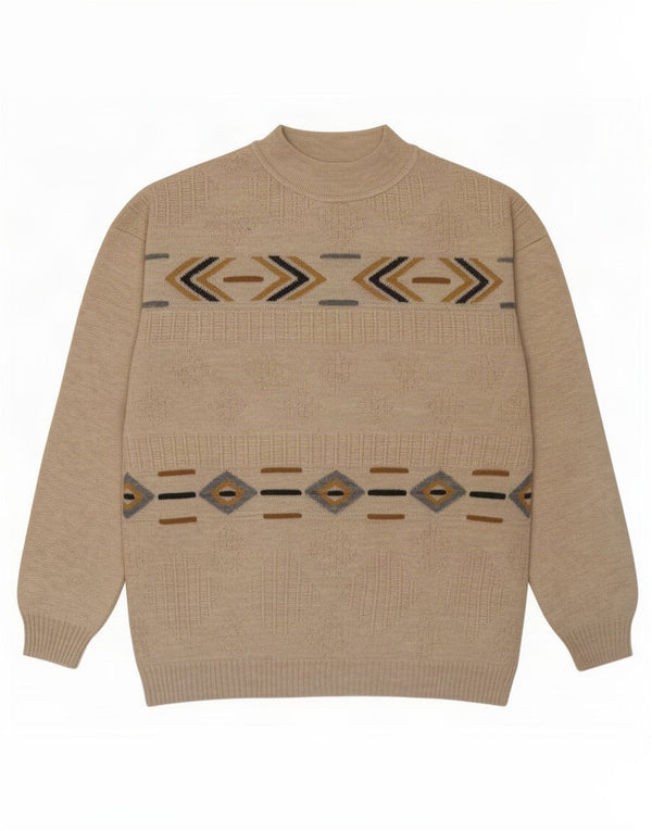 Vintage męski sweter z okrągłym dekoltem IT 54 XL beżowy geometryczny