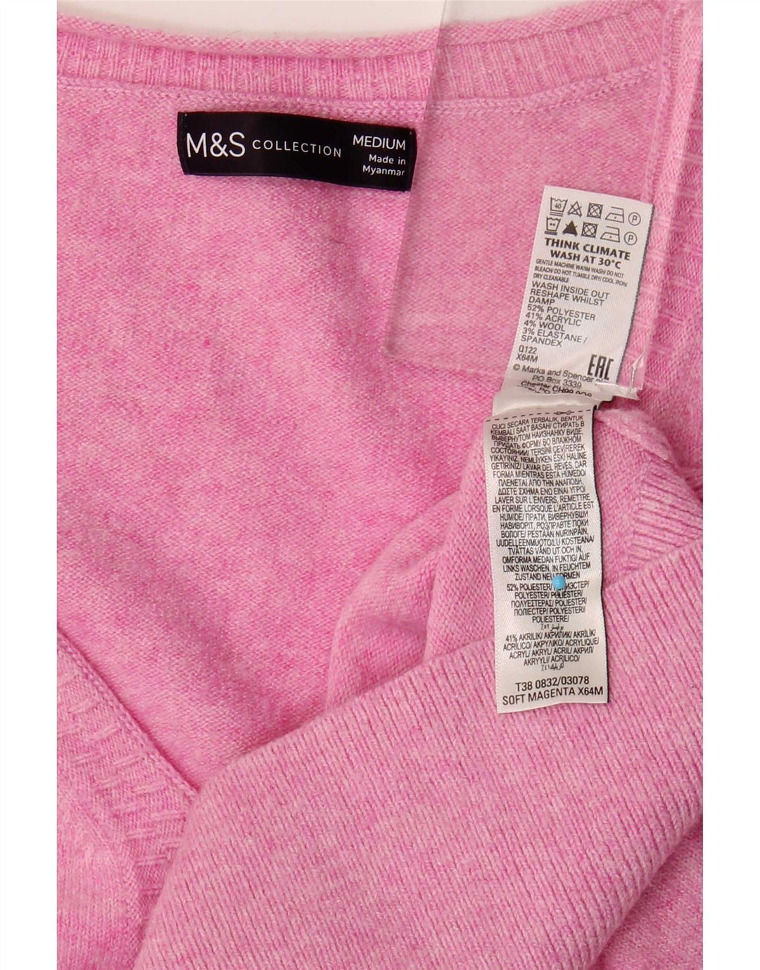 Marks & Spencer Damski sweter oversize z dekoltem w kształcie litery V, UK 14, średni róż