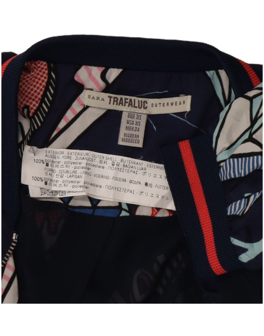 Damska kurtka bomberka Zara z abstrakcyjnym wzorem i luźnym krojem, UK 6 XS, granatowa