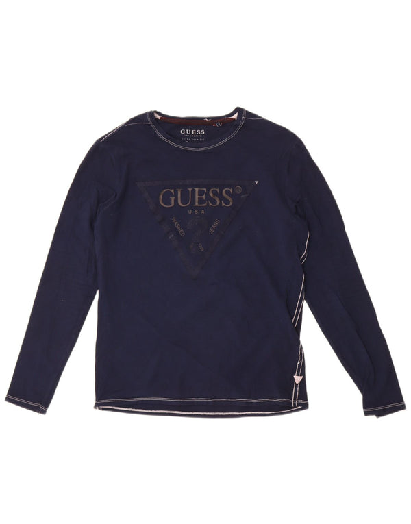 Guess Damski top slim fit z grafiką z długim rękawem, UK 10, mały, granatowy