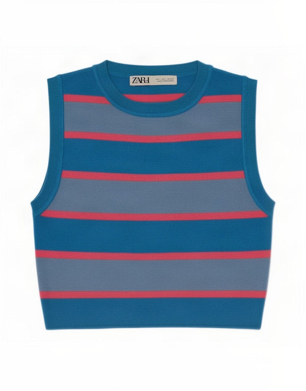 Damska kamizelka Zara Crop Top UK 14 w duże niebieskie paski z wiskozy