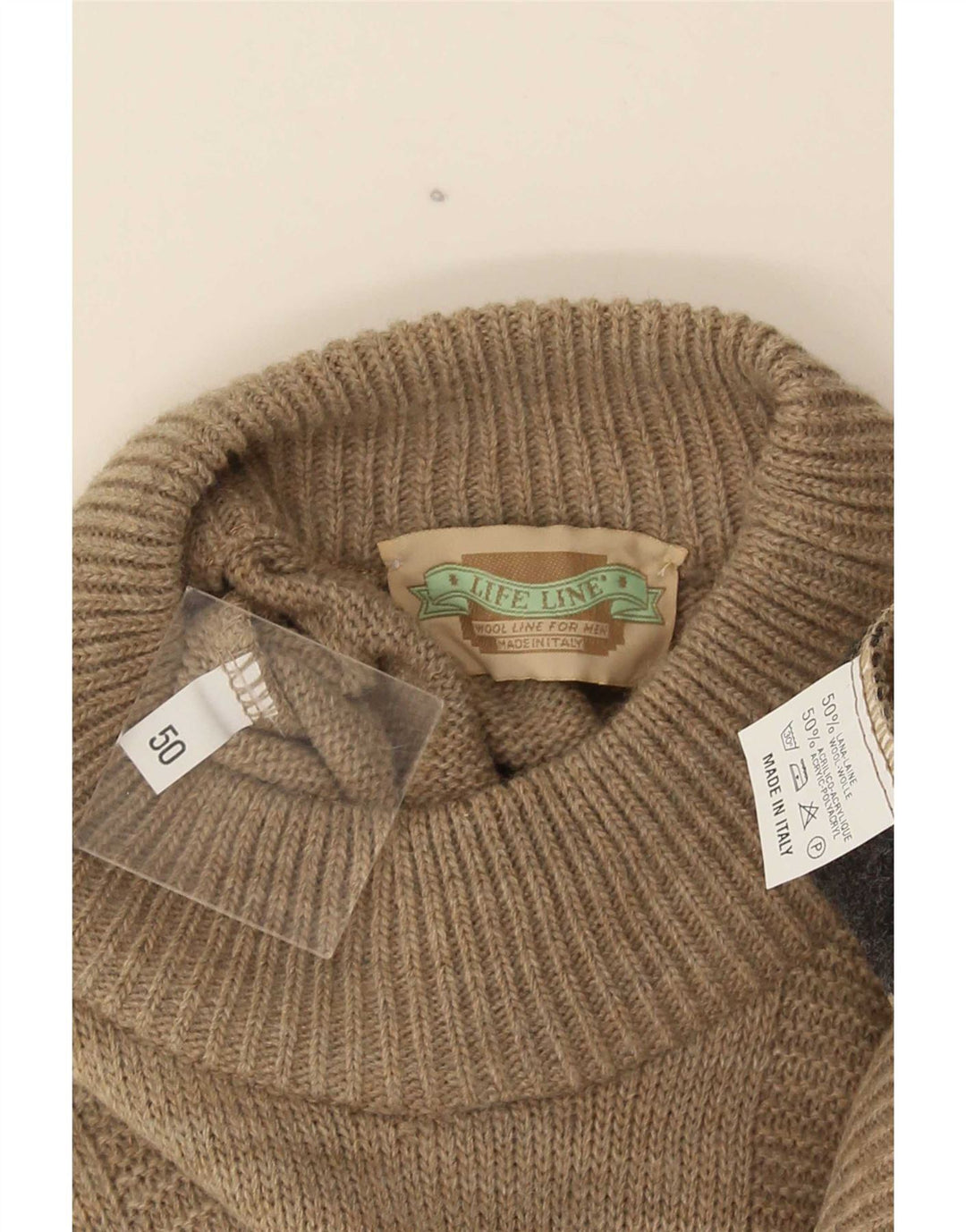 Męski sweter z okrągłym dekoltem Life Line IT 50 Średni beżowy, geometryczny wełniany