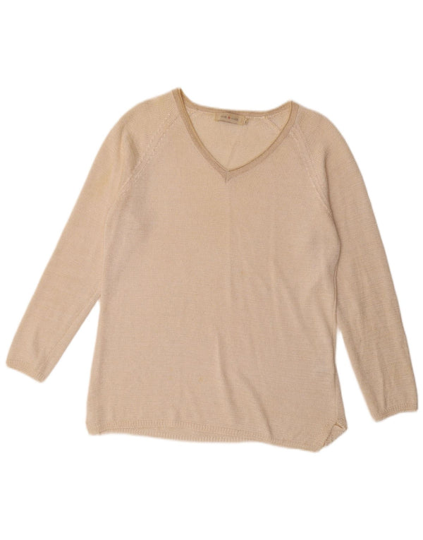 Sweter damski w stylu vintage z dekoltem w kształcie litery V, UK 16, duży, beżowy poliester