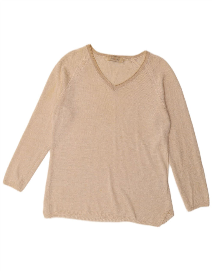 Sweter damski w stylu vintage z dekoltem w kształcie litery V, UK 16, duży, beżowy poliester