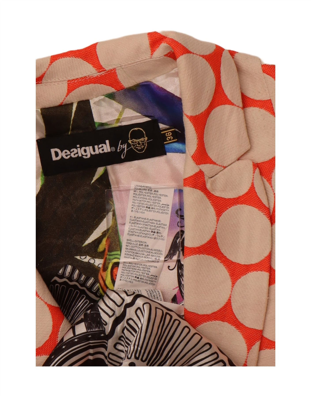 DESIGUAL Womens Longline Blazer Jacket EU 36 Small Orange Polka Dot