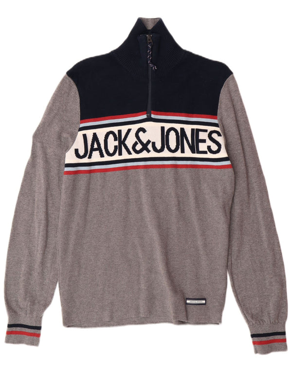 Męski sweter JACK & JONES z graficznym zamkiem, mały, szary, z blokami kolorów