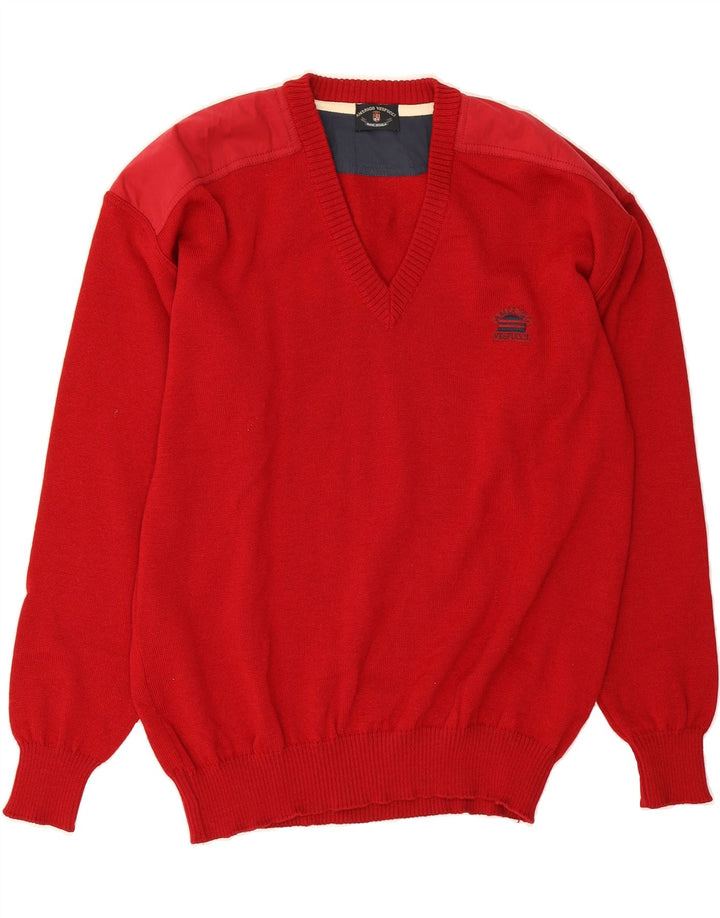 AMERIGO VESPUCCI Mens V-Neck Jumper Sweater Medium Red Wool Vintage Amerigo Vespucci and Second-Hand Amerigo Vespucci from Messina Hembry 