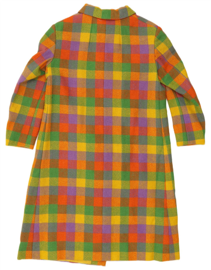 Vintage damski płaszcz z podwójnymi piersiami UK 14, średni, wielobarwny materiał w kratkę