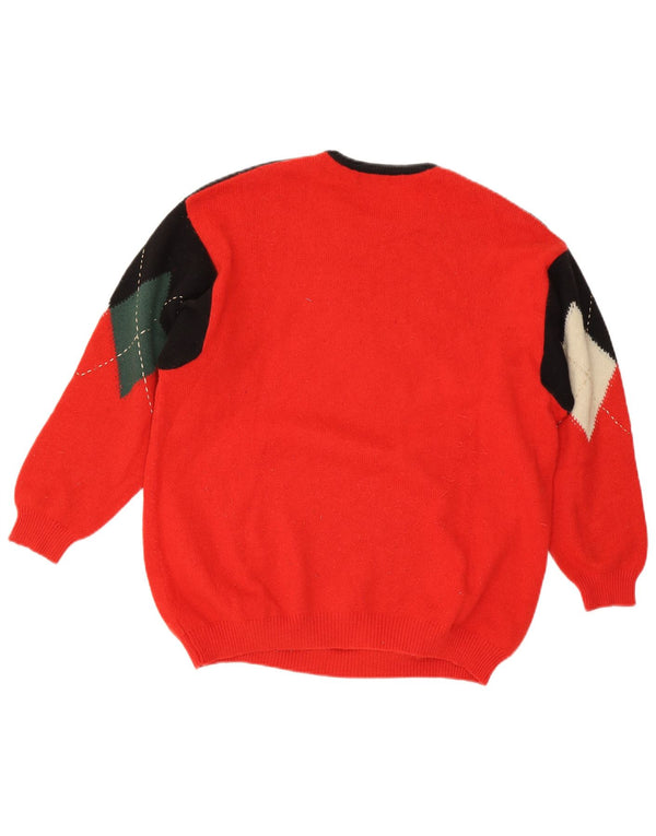 Sweter damski w stylu vintage z okrągłym dekoltem UK 14, duży, czerwony, argyle/diamentowa wełna